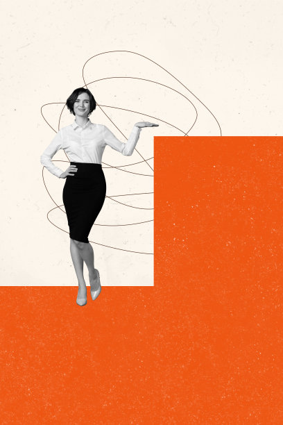 趋势艺术作品合成素描图像照片拼贴，米色和橙色的工作空间，女性站立展示手势，平台线条涂鸦绘画图片下载