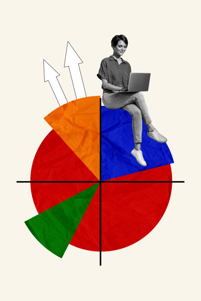 快乐女孩自由职业者坐在笔记本电脑前的垂直照片拼贴，展示了图表开发工作成功的箭头，背景为涂鸦风格。图片下载