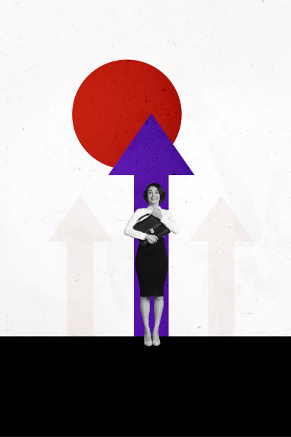 复合趋势艺术作品草图 3D 照片拼贴，留白分析图形图表，巨大的向上箭头，成功的年轻女性站着手持行李箱图片下载
