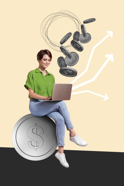 目标交易员的复合趋势艺术作品，3D草图图像，照片拼贴，年轻女性坐在工作笔记本电脑前，赚取美元硬币。图片下载