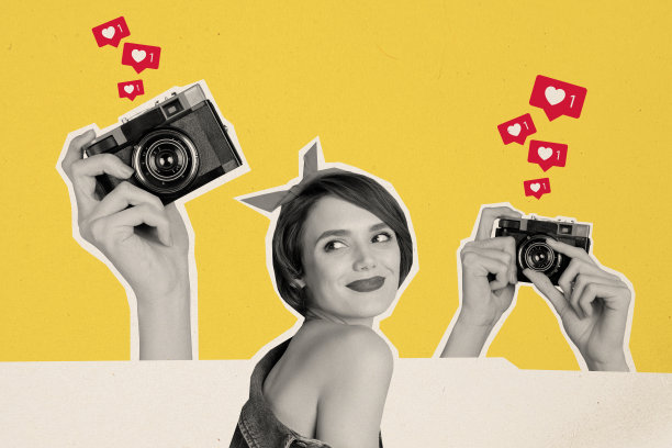 趋势艺术作品复合素描图像照片拼贴，剪影女性面孔模特摆姿势，复古摄影机拍摄反应图片下载