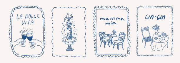 异想天开的意大利海滨沙滩手绘边框卡片套装，配有酒杯、喷泉和晚餐桌设置。夏季假期地中海框架。婚礼小巧的矢量插图。图片下载