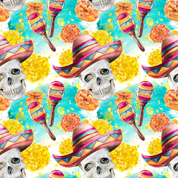 墨西哥草帽上的人类头骨，万寿菊花，彩色水彩插画中的马拉卡斯，背景有天蓝色的飞溅。适合亡灵节派对设计和印刷的明亮无缝图案。图片下载