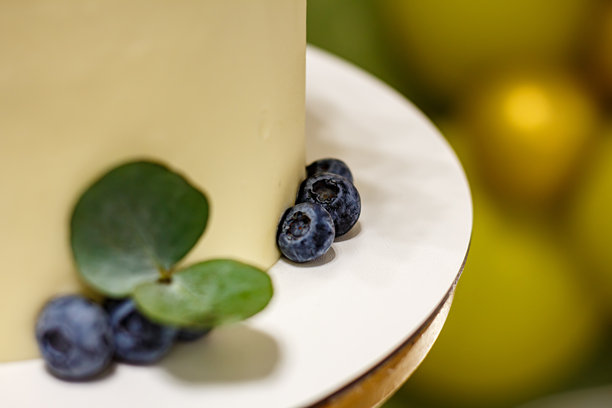 巧克力糖霜蛋糕，上面装饰有蓝莓和绿色叶子 - 节日甜点的特写照片图片下载