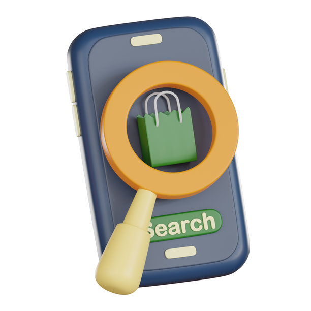 在线购物概念，3D智能手机屏幕上带有零售搜索图标和放大镜，便于在数字商店环境中轻松查找和浏览产品。图片下载