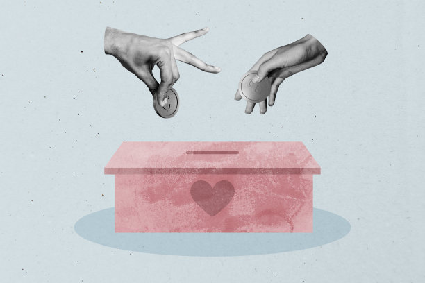 时尚艺术创意全彩小册子，手放置美元硬币储蓄罐、心形捐款支持、支付、财务收入的照片拼贴。图片下载