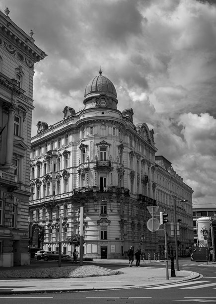 维也纳街道上一座美丽建筑的黑白竖版照片。旅行概念。图片下载