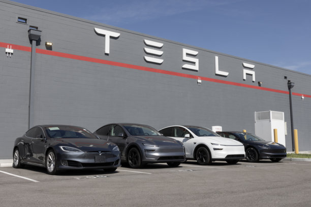 特斯拉电动汽车服务中心。特斯拉车型包括赛博卡车、Model 3、Model Y、Model X和Model S。图片下载