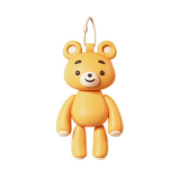 3D渲染的风格化可爱搞笑的毛茸茸微笑卡通黄色玩具熊钥匙扣，带有眉毛、圆点眼睛、柔软的耳朵和爪子，面带快乐表情，适合温馨的书包，背景为白色。图片下载
