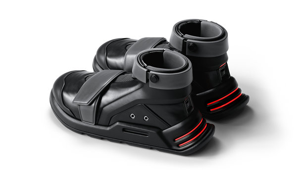 3D渲染的赛博朋克风格黑色皮革运动鞋，配有自动自系鞋带机制，时尚的大型魔术贴带，红色LED后跟灯，厚橡胶鞋底，宽鞋头，背景为白色。图片下载