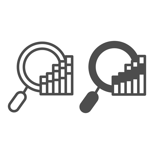 放大镜与股票走势图线条和实心图标，信息技术概念。矢量图形。放大镜与图表，资产搜索标志，白色背景上的轮廓风格图标，适用于移动或网页设计。图片下载