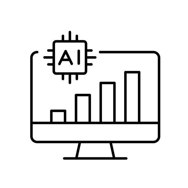 一个包含条形图和人工智能芯片的计算机屏幕矢量图标，代表智能支付监控和实时财务分析，采用可编辑线条风格设计。图片下载