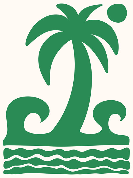 热带海滩场景与棕榈树插图。简约风格的太阳、海洋和棕榈图标。复古风格的海洋和岛屿插图。夏季假期图形元素。简单的矢量棕榈树在海岸边。图片下载