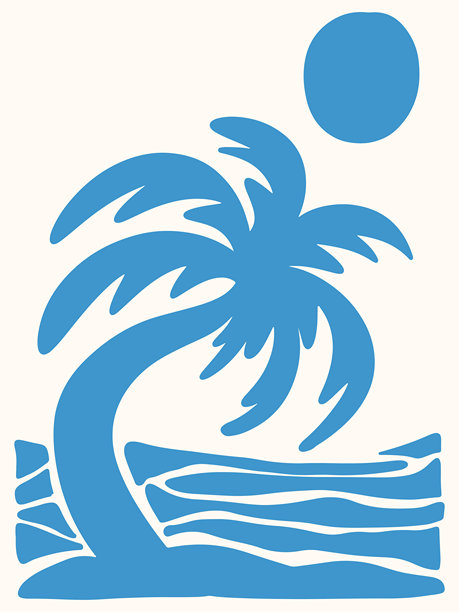 热带海滩场景与棕榈树插图。简约的太阳、海洋和棕榈图标。复古风格的海洋和岛屿插图。夏季假期图形元素。简单的矢量棕榈树在海岸边。图片下载