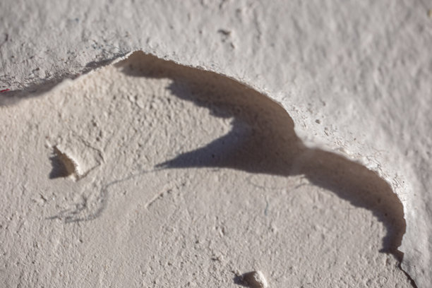 石膏板表面缺陷的微距照片。丙烯酸基乙烯涂料的顶层正在剥落，暴露出墙壁的纹理，并投射出清晰的阴影。图片下载