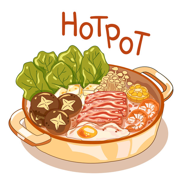 插图中的火锅，配有蔬菜、肉类、鸡蛋、虾和豆腐，放在一个温馨的锅里图片下载