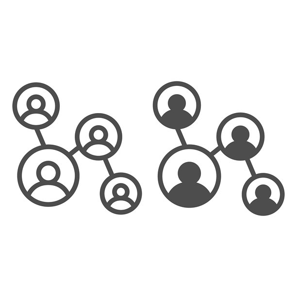 社交方案，包含少量用户图片的线条和实心图标，开源情报分析概念。矢量图形。用户树图，白色背景上的链接标志，适用于移动或网页设计的轮廓风格图标。图片下载