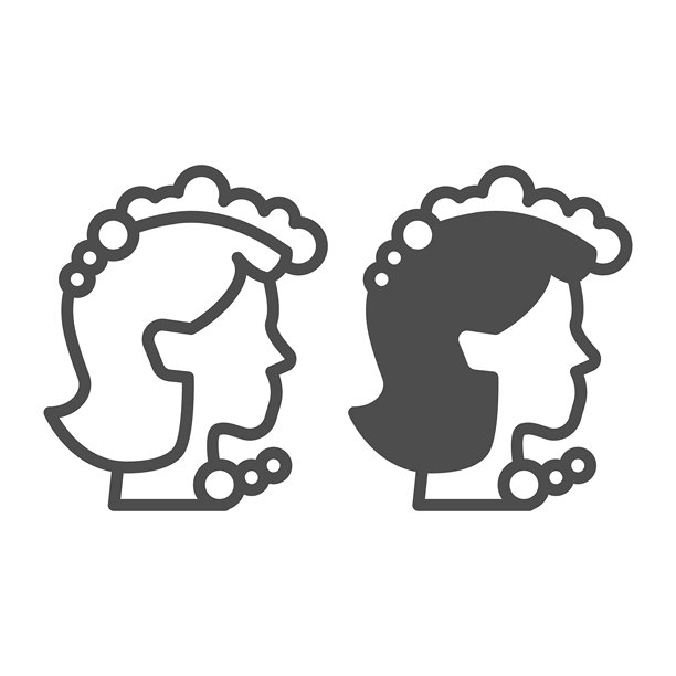 女性头发泡沫线条与实心图标，身体卫生概念。矢量图形。女孩用肥皂洗发泡沫，白色背景上的洗头标志，移动或网页设计的轮廓风格图标。图片下载