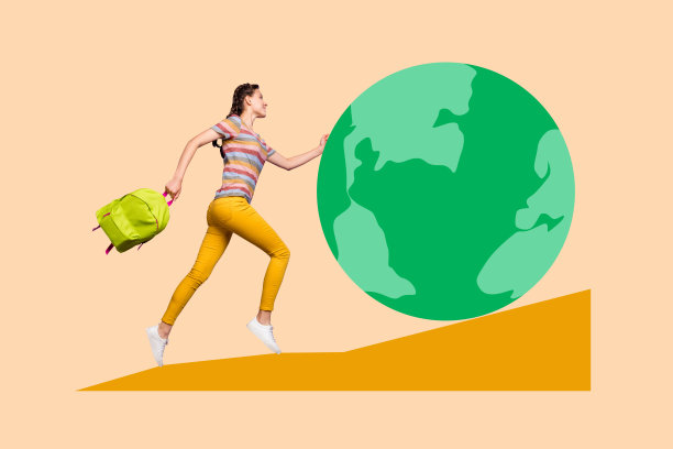 快乐女孩在地图上奔跑的合成照片拼贴，全球迁移，夏季冒险，放松，背着背包，背景为涂鸦风格。图片下载