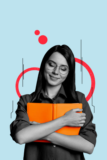 复合趋势艺术作品草图，3D照片拼贴，单色年轻女性，佩戴眼镜的学生，手拥抱打开的书，梦想与想象。图片下载