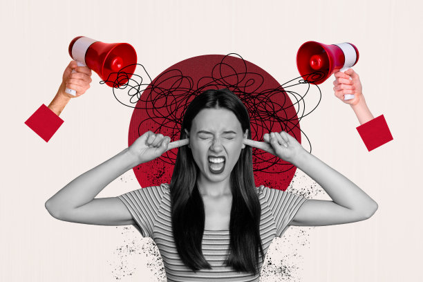 愤怒女孩的拼贴照片，捂住耳朵，尖叫，手持洗脑喇叭，概念为谎言、垃圾信息和虚假，背景为涂鸦风格。图片下载