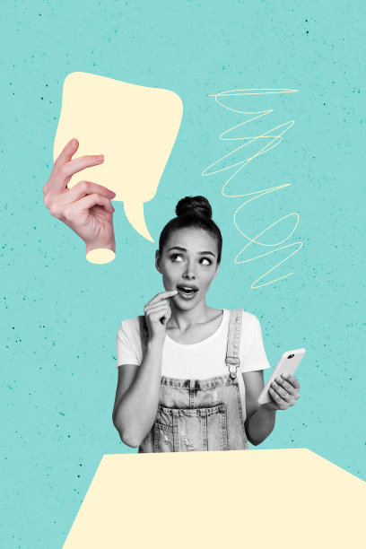 快乐女孩手持手机的垂直照片拼贴，思维气泡中有信息对话，背景为涂鸦风格。图片下载