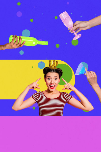 年轻快乐的女性穿着皇家皇冠，庆祝节日，举杯畅饮，背景为有趣的饮品插画拼贴海报图片下载