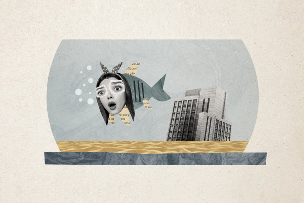 震惊女孩的拼贴照片，鱼头游泳，水族馆，城堡，夏季假期，游泳者，孤立在涂鸦背景上。图片下载