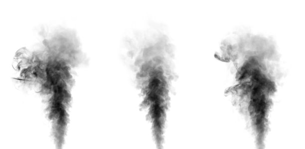 抽象黑色蒸汽或烟雾的特写照片。插图展示了蒸汽或黑烟的不同纹理和密度，背景为白色。图片下载