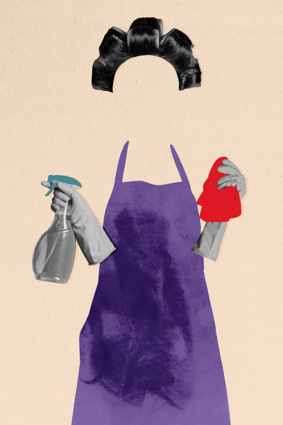 无脸的家庭主妇在涂漆背景下手持清洁喷雾，进行家庭清洁工作，展现家务卫生责任的竖版照片拼贴。图片下载