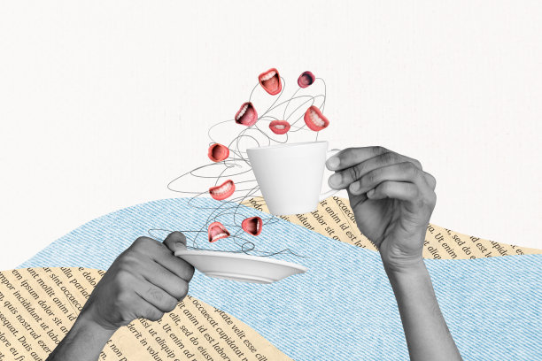 手握咖啡杯的复合照片拼贴，嘴角微笑，舌头露出，牙齿可见，享受咖啡店的休息时光，咖啡杯和碟子在涂鸦背景上独立展示。图片下载