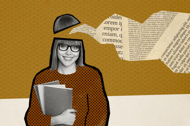 金发女孩的拼贴照片，头部剪裁，思绪流动，手持记事本，供应商业概念项目，背景为涂鸦风格。图片下载