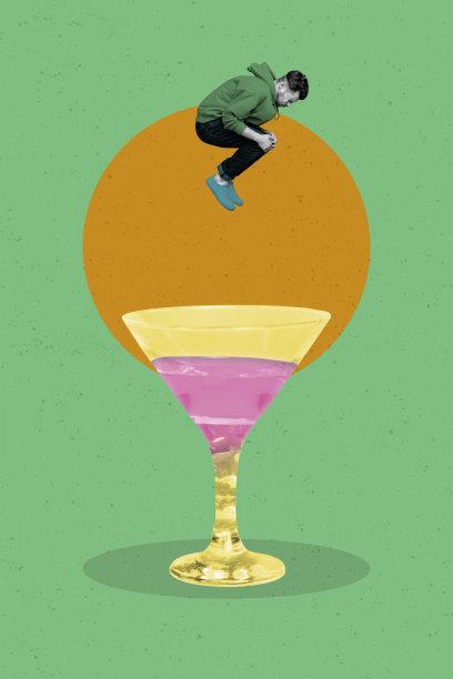 趋势艺术作品合成素描图像 3D 照片拼贴，派对场合，酒杯鸡尾酒，醉酒的年轻人无忧无虑地跳跃潜水图片下载