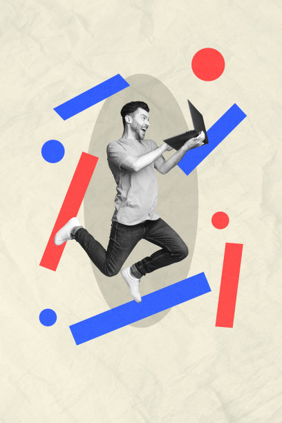 复合趋势艺术作品 3D 草图图像 照片拼贴 办公空间 红蓝线条元素 球体 年轻人悬浮 跳跃高处的笔记本电脑图片下载