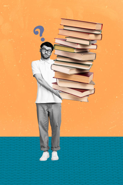 惊讶的男子手持巨大的书堆，书店文学学习者教育，垂直照片拼贴，背景为涂鸦风格。图片下载