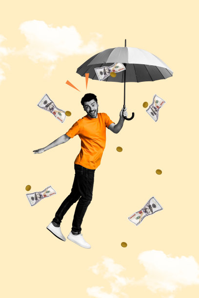 年轻男子飞翔漂浮，手持雨伞，钞票和硬币如雨般落下的复合趋势艺术素描照片拼贴。图片下载
