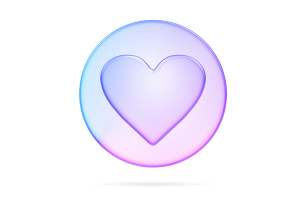 3D心形愿望清单图标，圆圈内有心形，采用半透明紫蓝色玻璃风格，象征着购物或电子商务平台上的已保存物品、收藏夹或心仪产品。图片下载