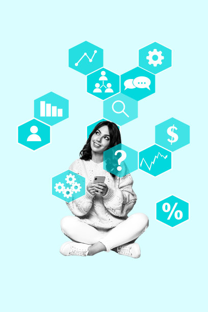 迷人的可爱搞笑年轻女性使用现代设备的拼贴艺术作品，背景为手绘风格。图片下载