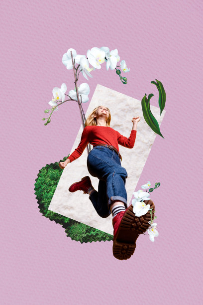 国际妇女节礼物的复合趋势艺术草图，3D照片拼贴，春季花卉兰花，跳跃靴子，步伐图片下载