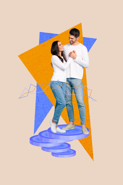 两位快乐的商务人士家庭拥抱在一起，赚取美元硬币收入的竖版照片拼贴，背景为涂鸦风格。图片下载