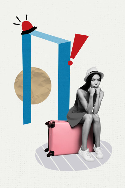 垂直照片拼贴，表现一个悲伤无聊的女孩坐在行李箱上，警觉地听着疏散信号，战争移民，夏季旅行，背景为涂鸦风格。图片下载