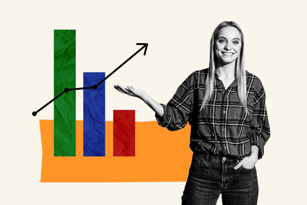 快乐女商人的合成照片拼贴，展示箭头图表统计发展进展，领导者在涂鸦背景上独立。图片下载
