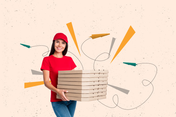 快递服务的趋势艺术素描照片拼贴，年轻女士手持披萨盒，在线餐厅订单。图片下载