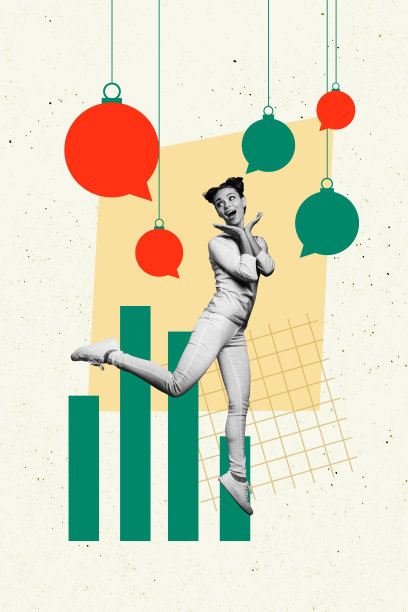 年轻女商人学生坐在工作堆上，进行聊天的3D照片拼贴艺术作品，包含趋势草图和对话气泡。图片下载