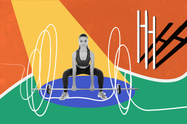 复合趋势艺术作品草图，3D照片拼贴，运动训练，健身房年轻女性教练举起哑铃，力量健美。图片下载