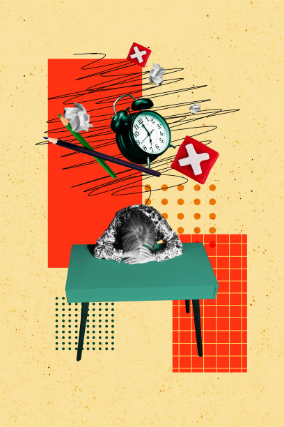 垂直照片拼贴，疲惫不堪的老年女性沮丧地把头放在桌子上，早晨的闹钟和工作用品，背景为涂鸦风格。图片下载