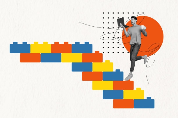 快乐商人手持咖啡杯和MacBook，站在乐高砖梯上，展示职业晋升的合成照片拼贴，背景为涂鸦风格。图片下载