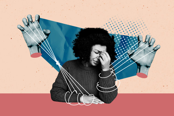 悲伤的美国女孩木偶手被操控的拼贴照片，孤立在涂鸦背景上。图片下载