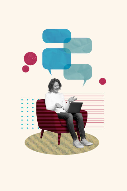 在线会议女士坐在扶手椅上工作，笔记本电脑旁的趋势艺术合成素描照片拼贴，谈话气泡对话框图片下载