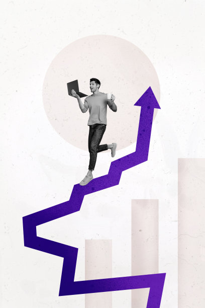 分析图表的复合趋势艺术作品草图照片拼贴，年轻男子手持笔记本电脑，喝着咖啡，朝下走，巨大的向上箭头象征成功。图片下载